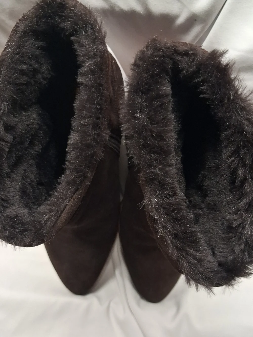 Garnet Hill Dark Brown Suede Faux-Fur Cuff Ankle Booties